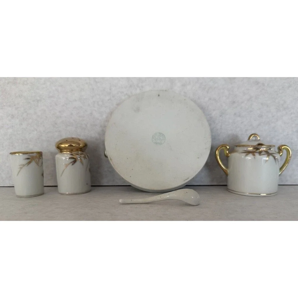 Gold Porcelain Condiment Set, Made in Japan, Mini or Demitasse Size